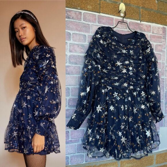 Sister Jane Shooting Star Embroidered Mini Dress Navy and Silver  medium - Picture 3 of 17